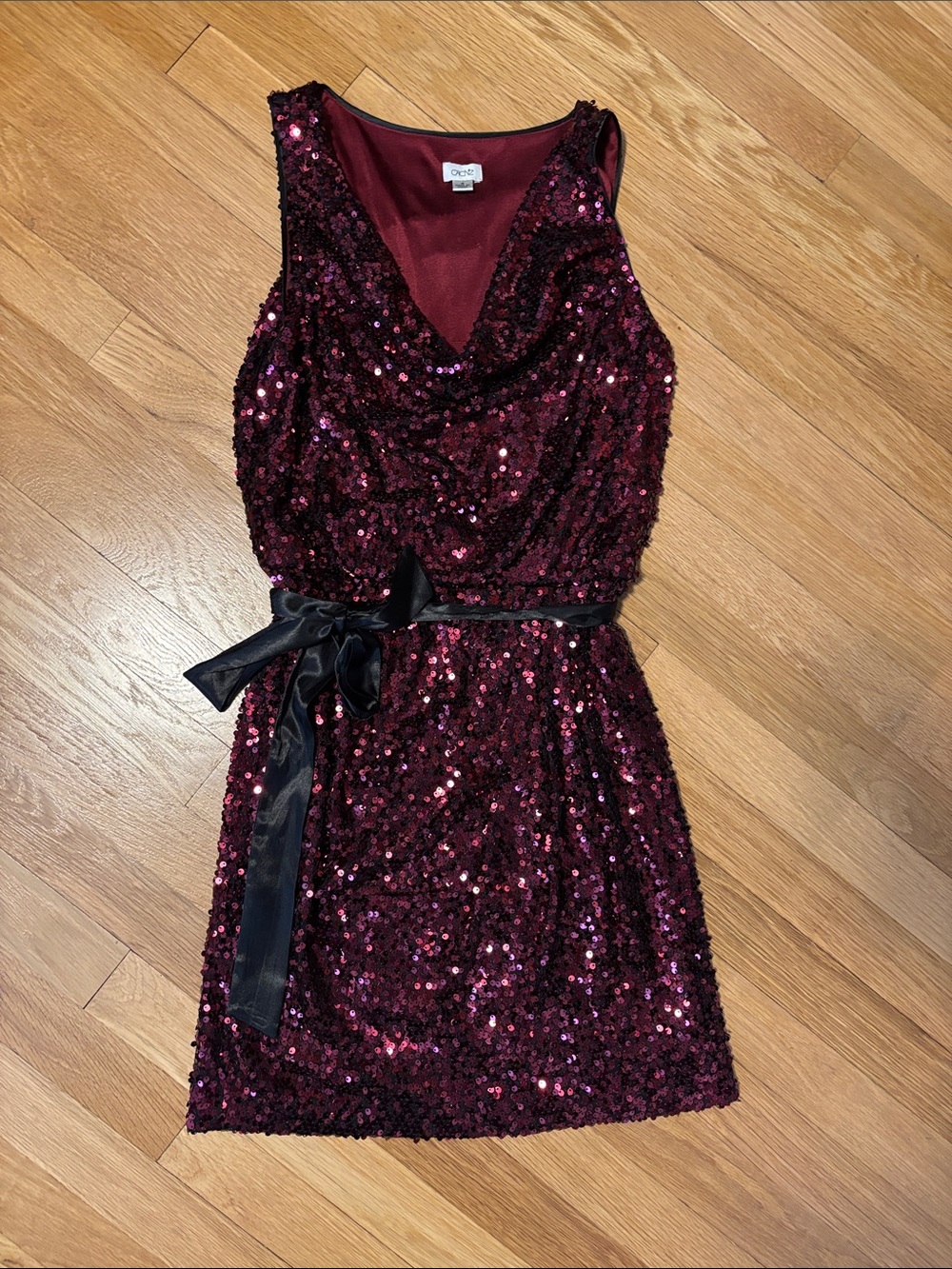Cache Burgundy Sequin Mini Dress with Black Waist Tie
